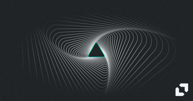 Abstract graphic of white lines spiralling around a green-outlined triangle on a dark background