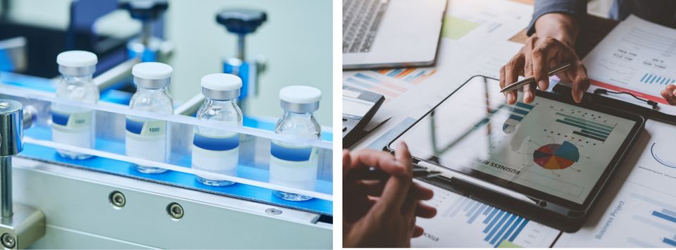 Vials on a lab conveyor beside someone reviewing charts on a tablet