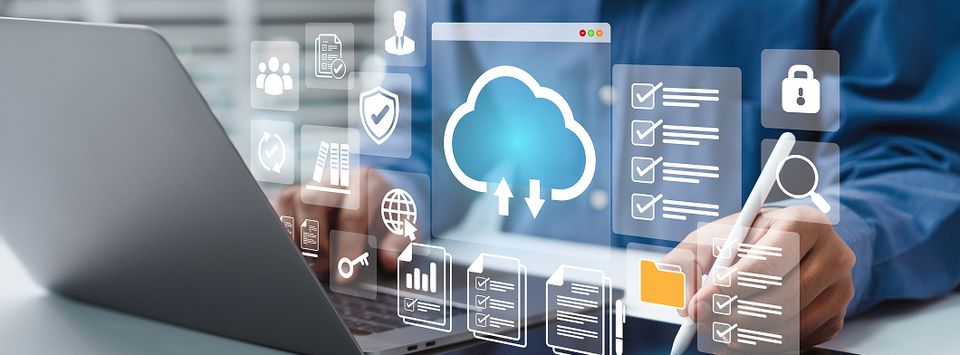 Cloud, security and checklist icons overlaid on a laptop