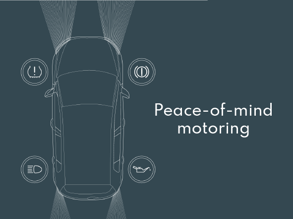 Car diagram with warning icons for tyre pressure, lights, and oil, under 'peace-of-mind motoring'
