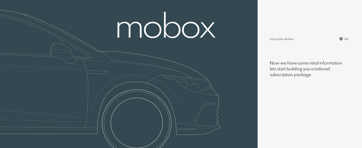 Mobox subscription-builder screen with a car outline and a tailored package message