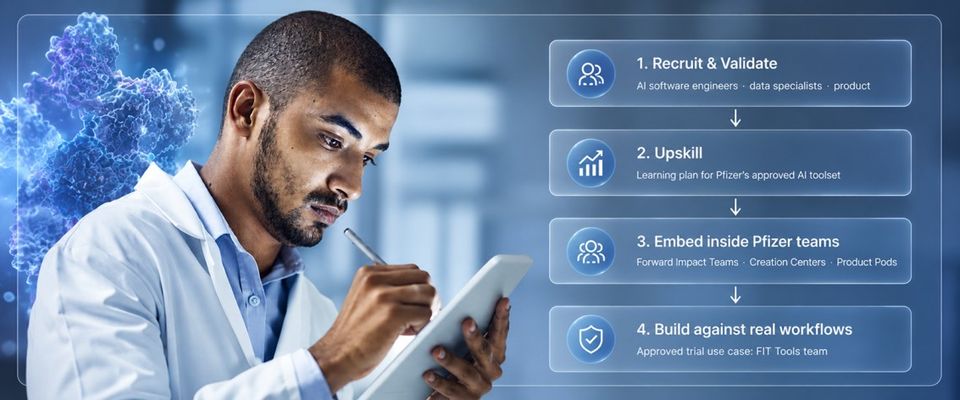 Four-step process graphic: recruit & validate, upskill, embed inside Pfizer teams, build against real workflows