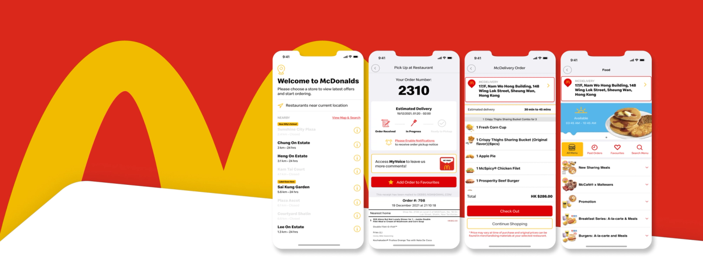 McDonald's mobile app screens showing ordering, pickup and delivery flows
