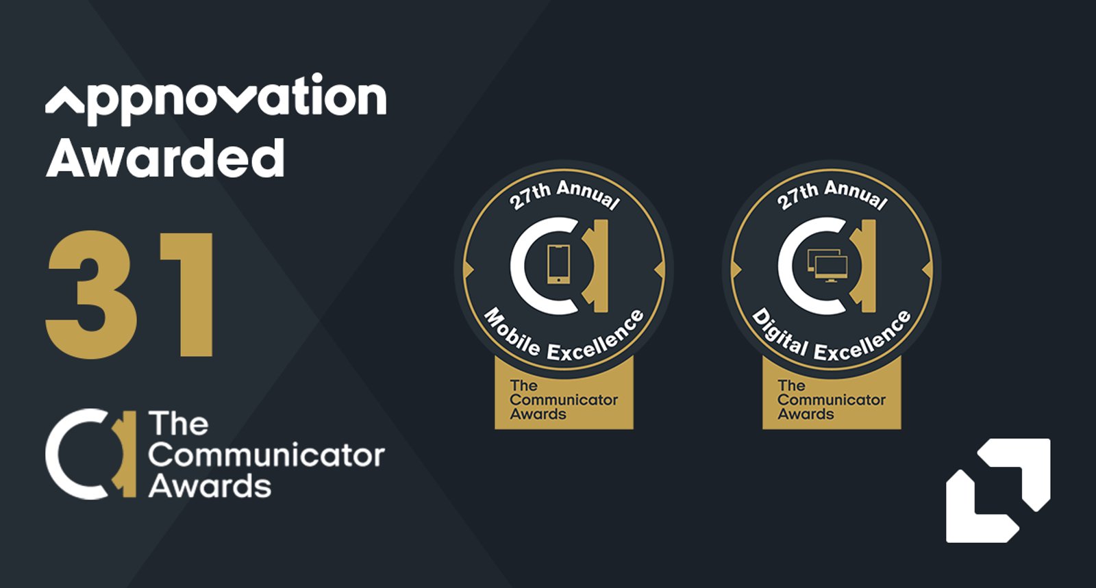 Appnovation Awarded 31 graphic with Mobile Excellence and Digital Excellence Communicator Awards badges