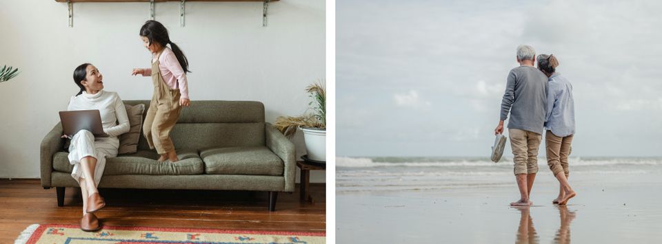 A parent working on a laptop while a child jumps on the sofa, and an older couple walking on the beach