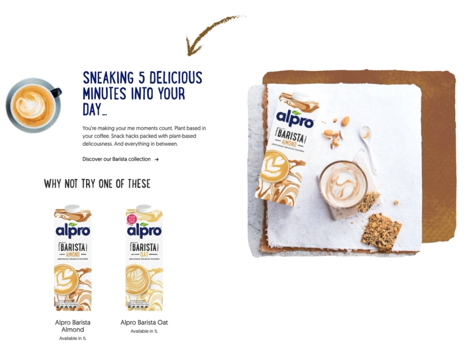 Alpro website section promoting Barista almond and oat drinks, ‘sneaking 5 delicious minutes into your day’