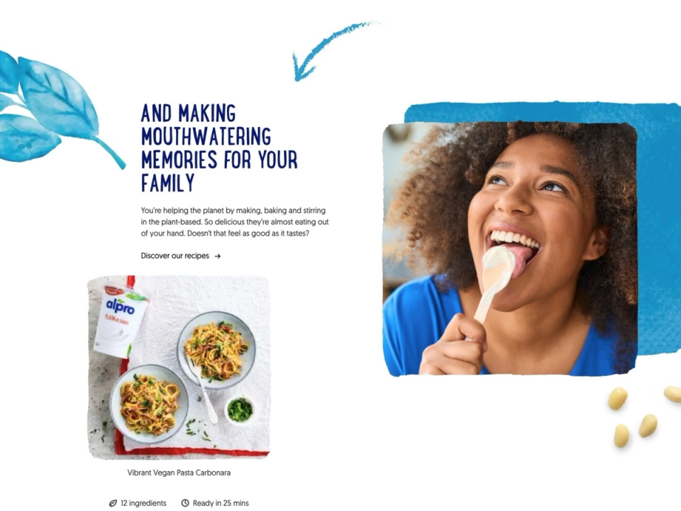 Alpro website section ‘making mouthwatering memories for your family’ with a vegan pasta carbonara recipe