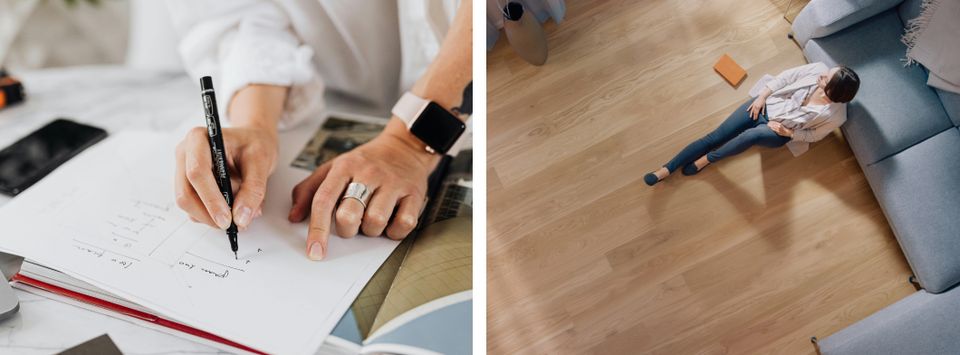Hands writing notes beside an aerial view of someone relaxing on a wood floor by a sofa