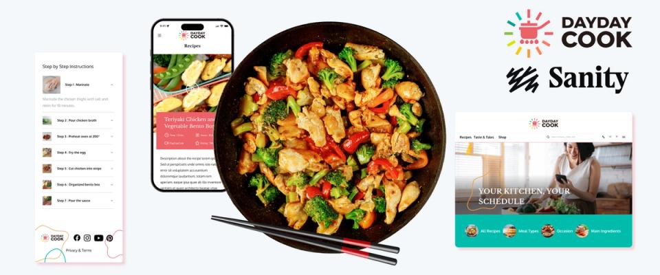 DayDayCook recipe app screens, a stir-fry dish, and the DayDayCook and Sanity logos with the homepage