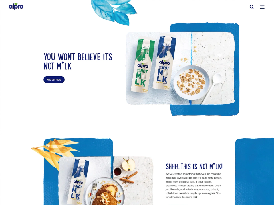 Alpro homepage hero ‘You won't believe it's not m*lk’ with product cartons and a cereal bowl