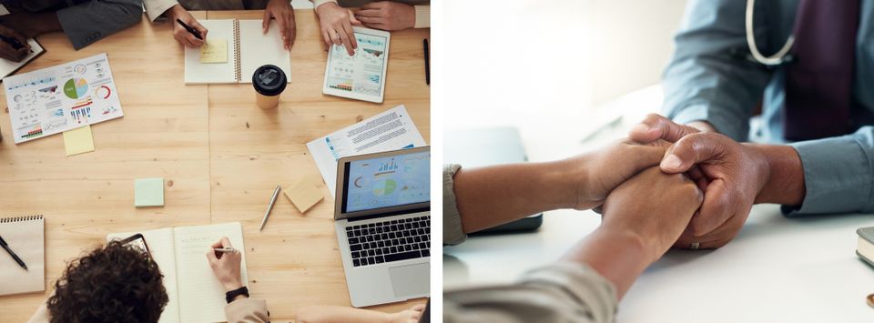 Team reviewing charts and a laptop at a table beside two people clasping hands