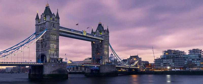 Tower Bridge over the River Thames in London at dusk