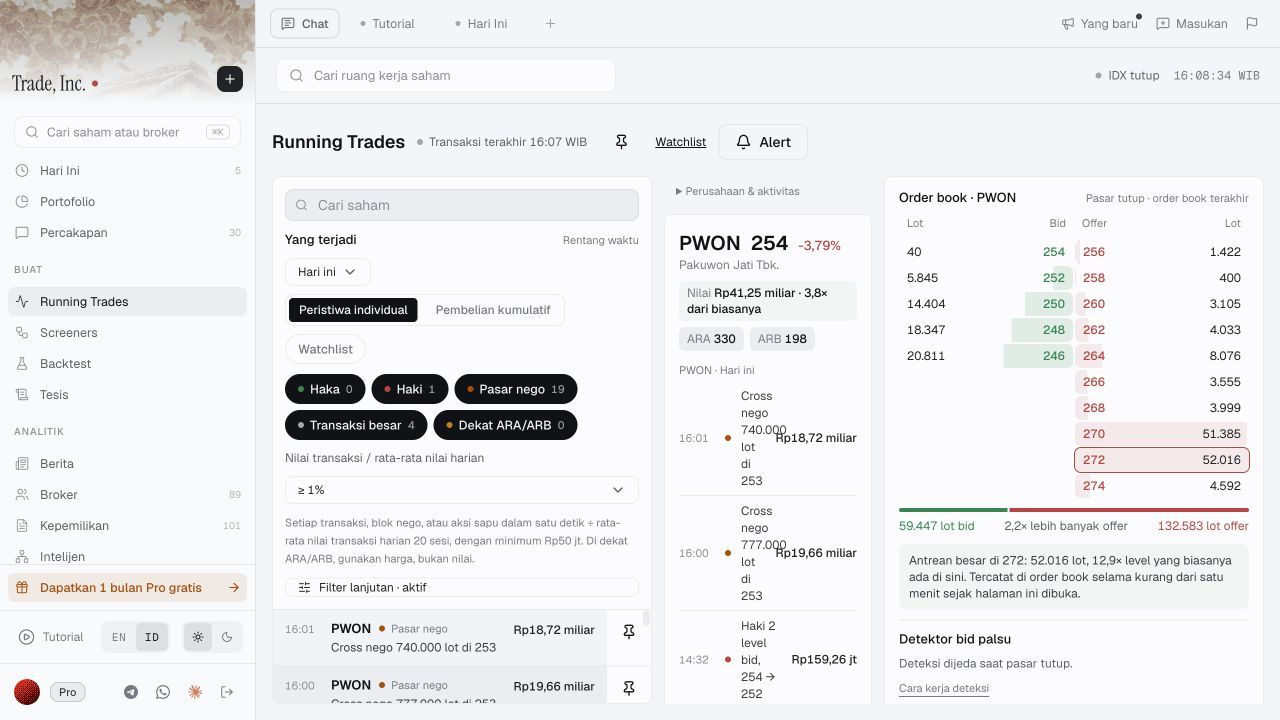 Actual filtered Running Trades results with PWON selected, showing negotiated blocks and a smaller Haki event in the stock detail panel