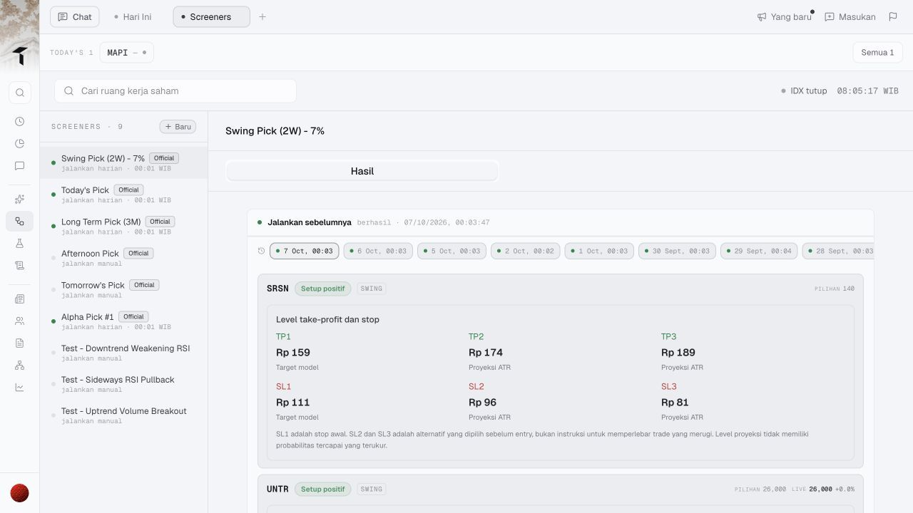 Trade Inc Screener workspace with the 7 October result selected and the 6 October date button beside it