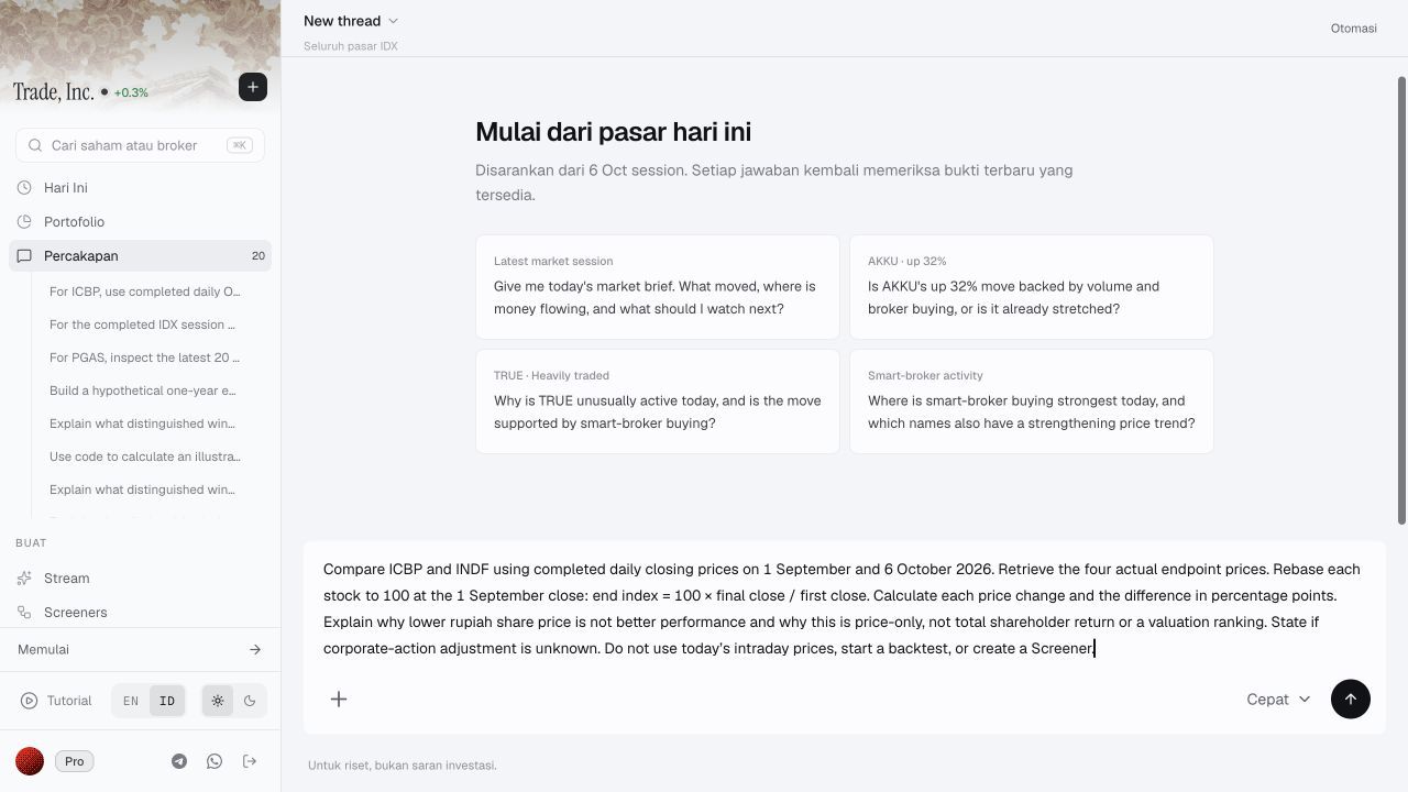 The Trade Inc chat composer with the ICBP and INDF comparison request entered before sending