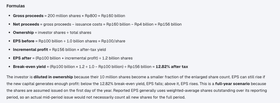 Trade Inc Chat formulas showing the 12.82% after-tax break-even yield and the distinction between ownership dilution and EPS growth
