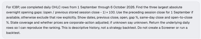 Original Chat request specifying ICBP, dates, the opening-gap formula and underlying rows