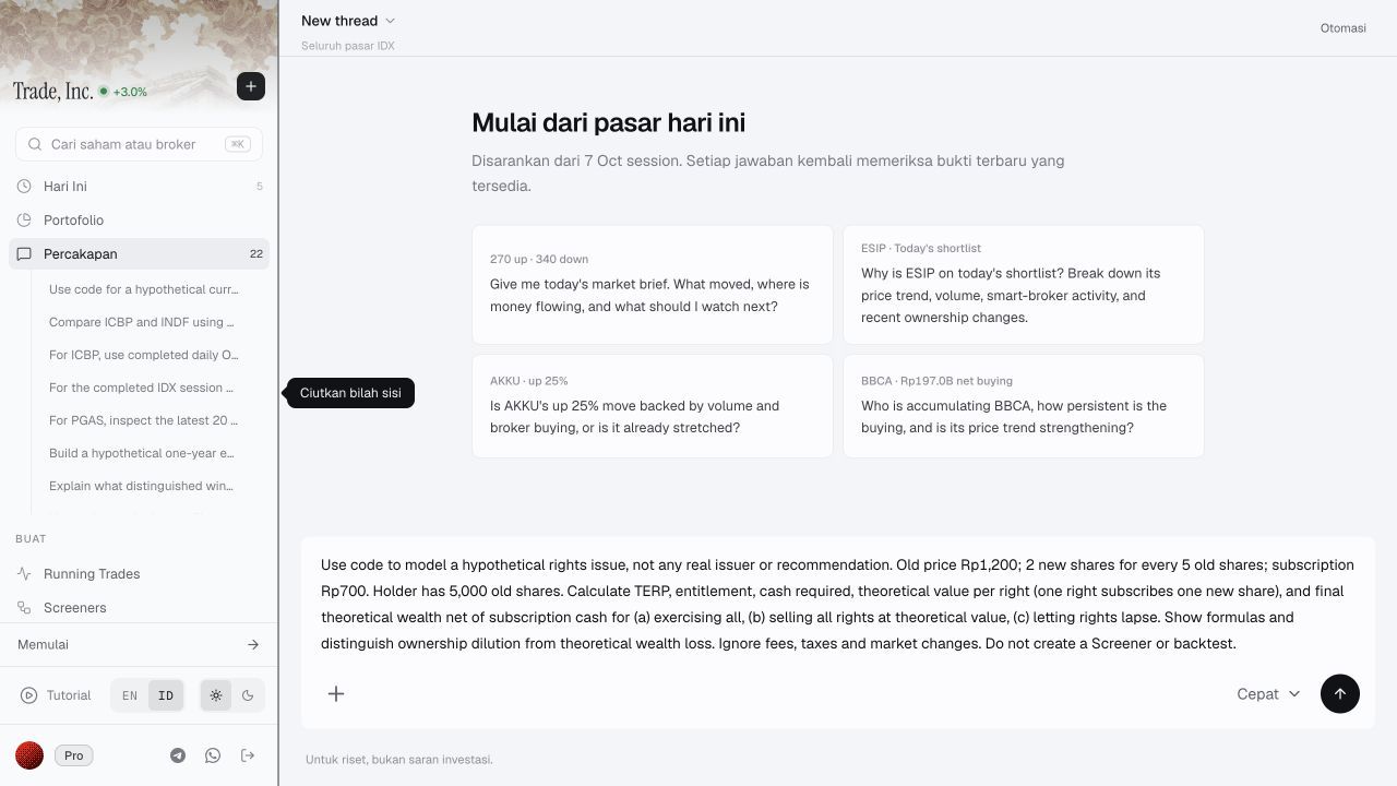 Input rights issue hipotetis pada Trade Inc Chat sebelum tombol Kirim ditekan