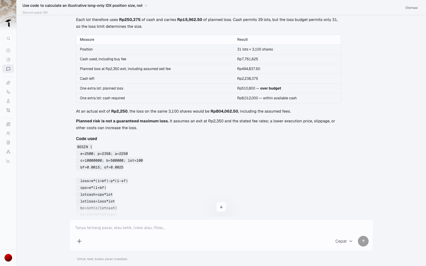 Chat Trade Inc menampilkan tabel jumlah lot, kerugian pada harga keluar lebih rendah, dan awal kode perhitungan