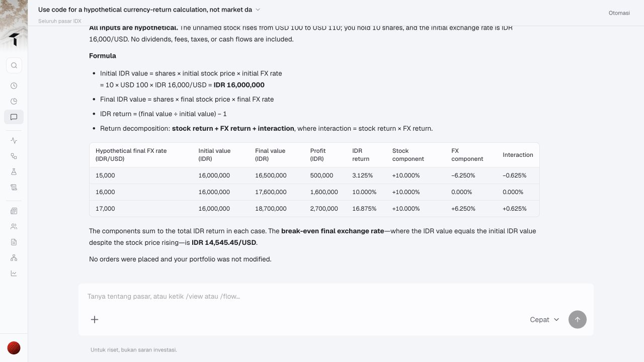 Actual Trade Inc Chat response showing the three rupiah-return scenarios and the break-even exchange rate