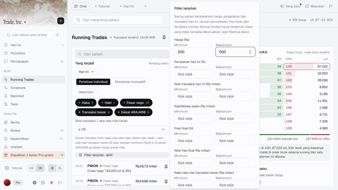 Actual Running Trades advanced filters with a Rp200–Rp500 price range and the interface explanation that all conditions must be met