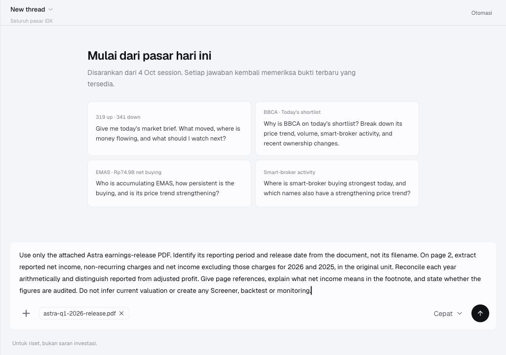 Kolom chat Trade Inc dengan PDF Astra terlampir dan pertanyaan berbasis halaman yang siap dikirim