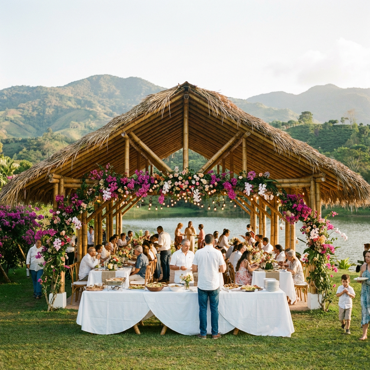 Kiosco privado de guadua decorado para evento familiar junto al lago de Laguna Escondida en Marinilla, Antioquia