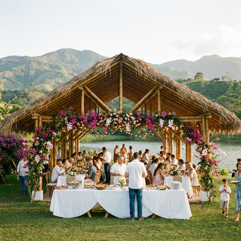 Kiosco privado de guadua decorado para evento familiar junto al lago de Laguna Escondida en Marinilla, Antioquia
