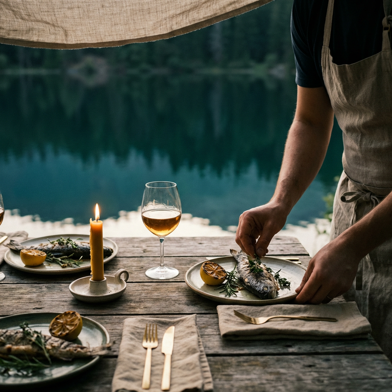 Plato de pescado frito con vista al lago en Laguna Escondida