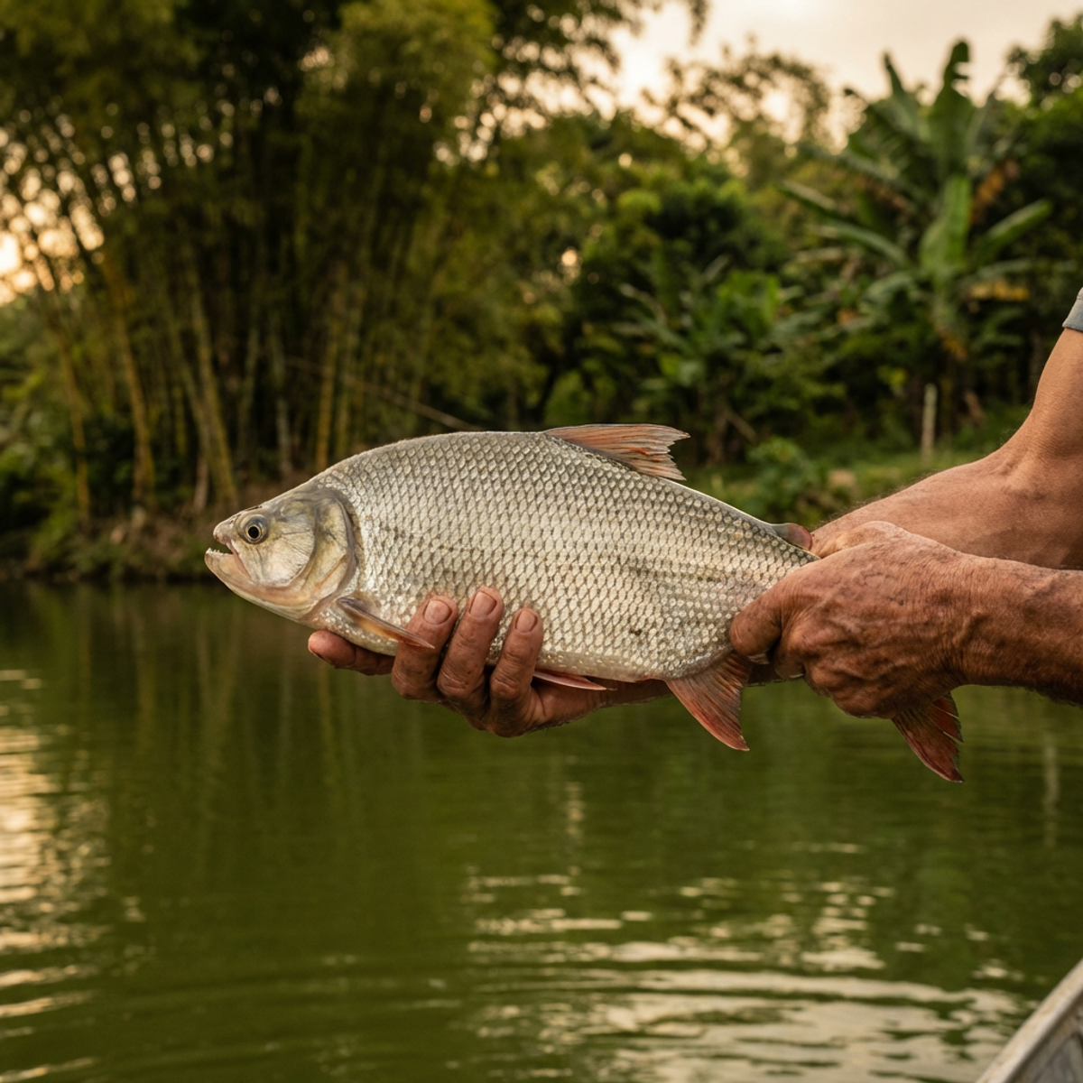 Pescador sosteniendo un Yamu recién pescado junto al lago de Laguna Escondida en Marinilla, Antioquia
