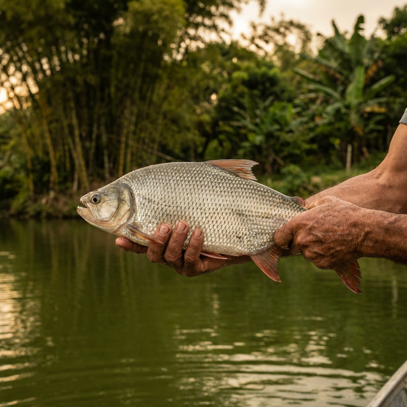 Pescador sosteniendo un Yamu recién pescado junto al lago de Laguna Escondida en Marinilla, Antioquia