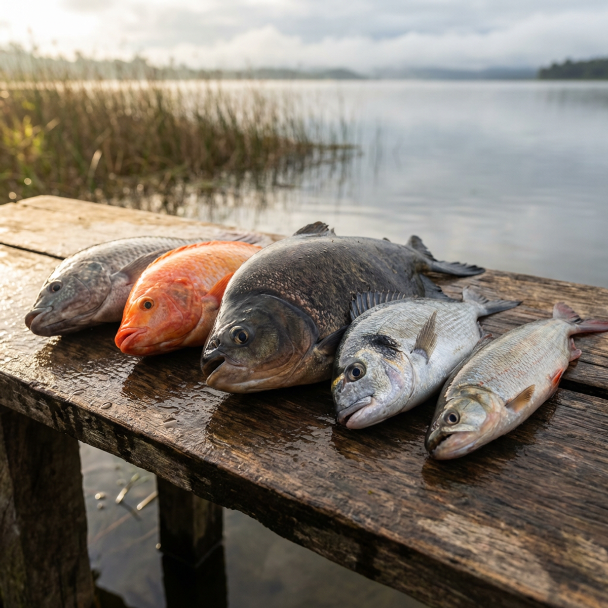 Las cinco especies del lago de Laguna Escondida dispuestas sobre madera rústica: Yamú, Dorada, Cachama, Tilapia Roja y Tilapia del Nilo