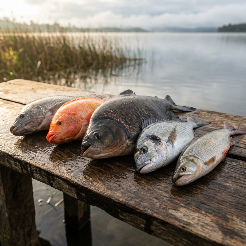 Las cinco especies del lago de Laguna Escondida dispuestas sobre madera rústica: Yamú, Dorada, Cachama, Tilapia Roja y Tilapia del Nilo