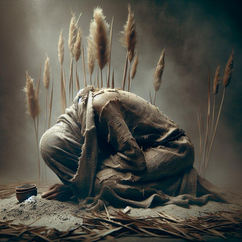 Person in rough burlap and sprinkled with ashes
