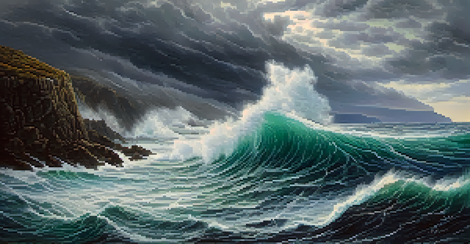 A stormy ocean scene with crashing waves, dark clouds, and flashes of lightning illuminating the sky.