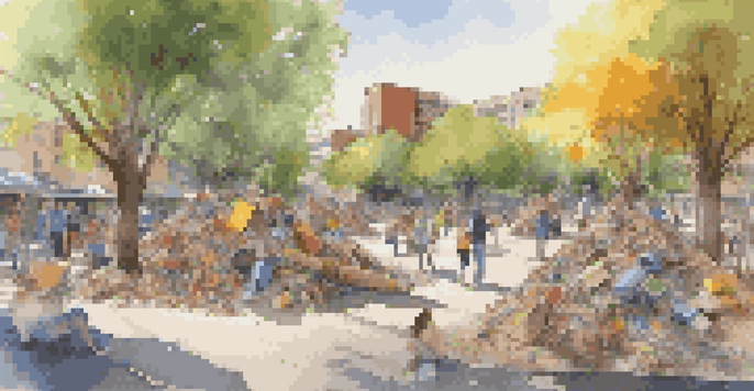 A community art project where people are creating sculptures from waste materials in a sunny park, showcasing diversity and collaboration.