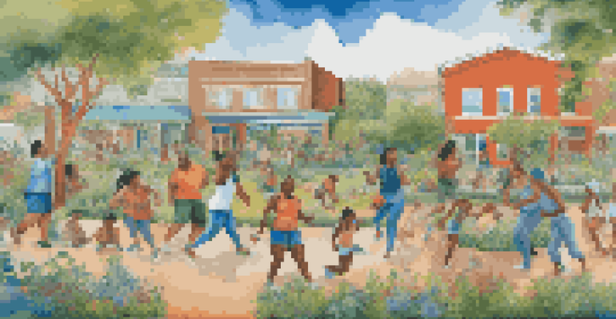 A colorful mural showing diverse people involved in healthy activities like exercise and gardening, surrounded by greenery and a clear blue sky.