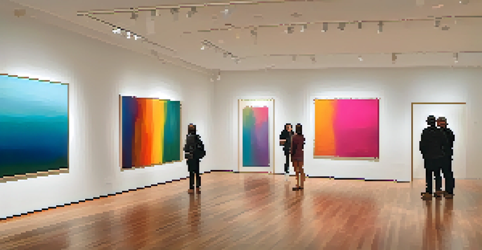 A serene art gallery with visitors admiring a large abstract painting under warm lighting.