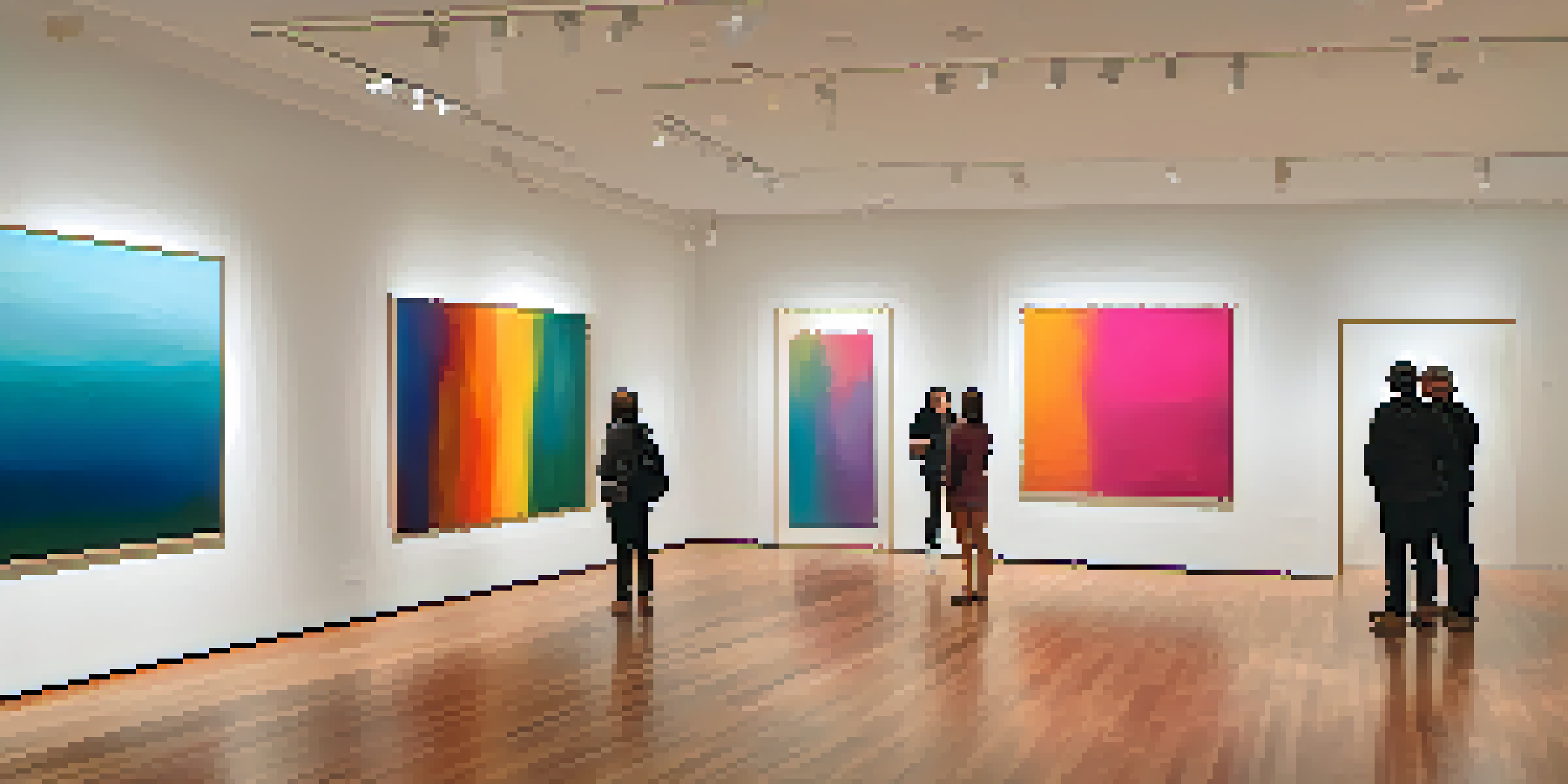 A serene art gallery with visitors admiring a large abstract painting under warm lighting.