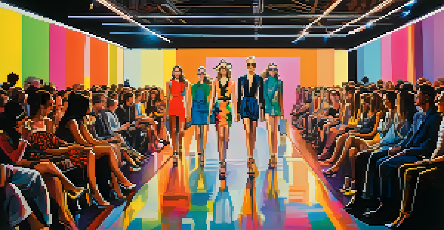 A vibrant fashion show runway featuring models in garments with graphic prints inspired by Pop Art, illuminated by bright lights.