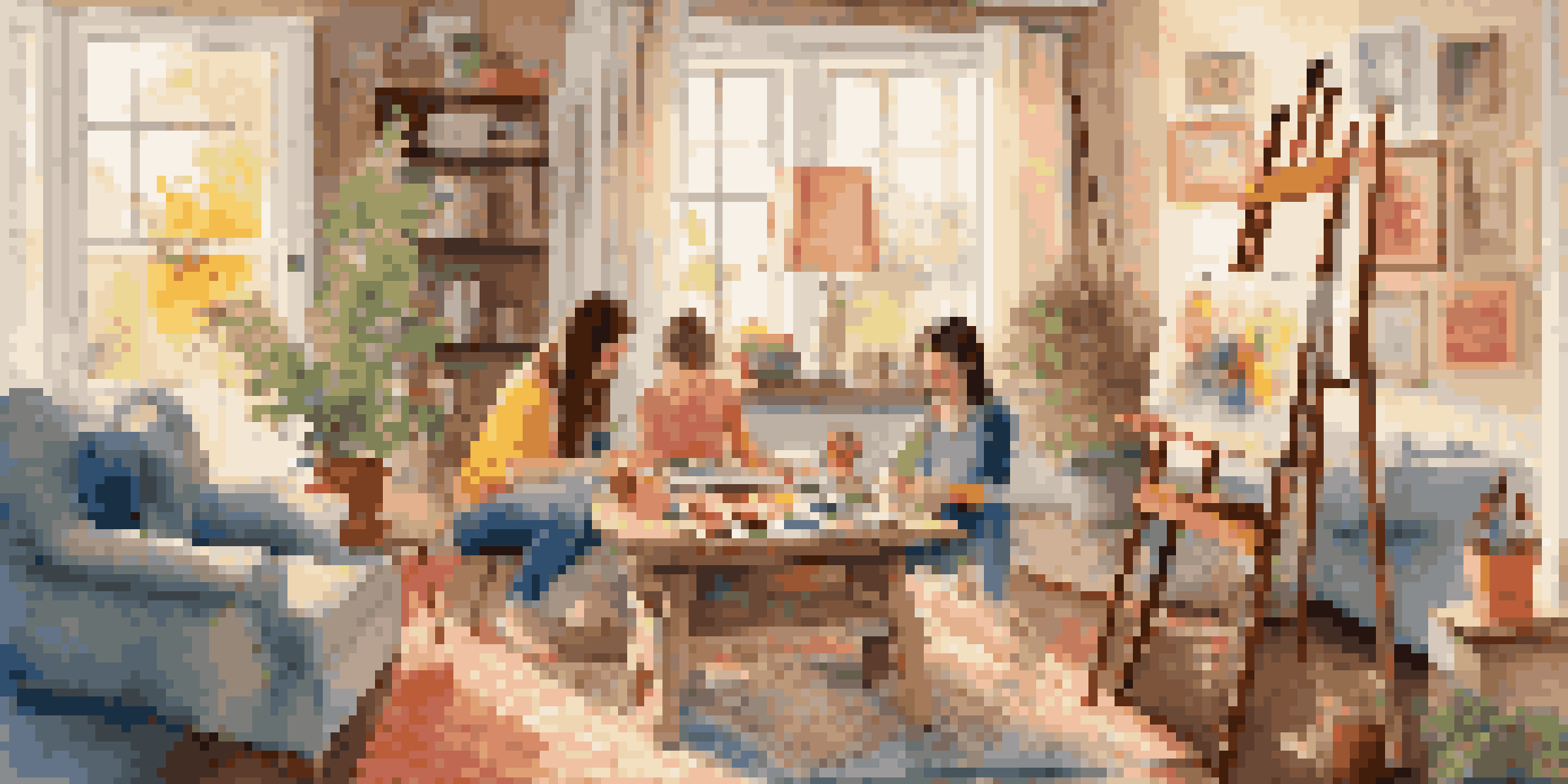 A family art corner in a cozy living room with an easel and vibrant artwork, illuminated by soft natural light.