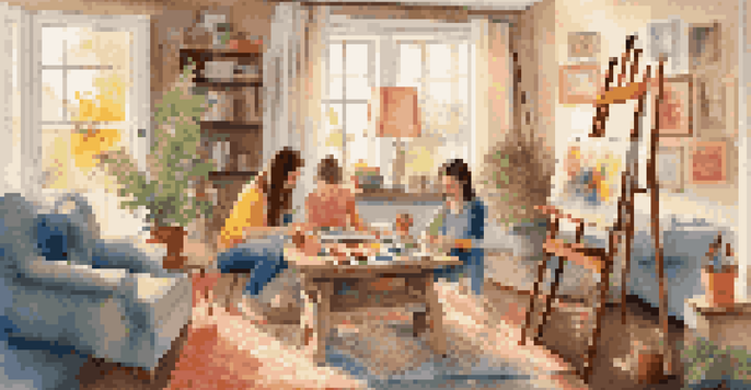 A family art corner in a cozy living room with an easel and vibrant artwork, illuminated by soft natural light.