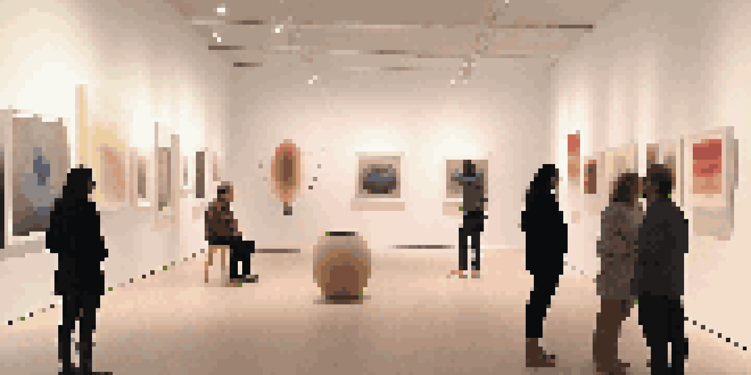 A dimly lit gallery filled with sound art installations, featuring sculpture-like sound tubes and visitors engaging with the artwork.