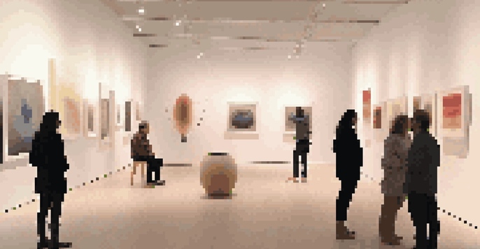 A dimly lit gallery filled with sound art installations, featuring sculpture-like sound tubes and visitors engaging with the artwork.