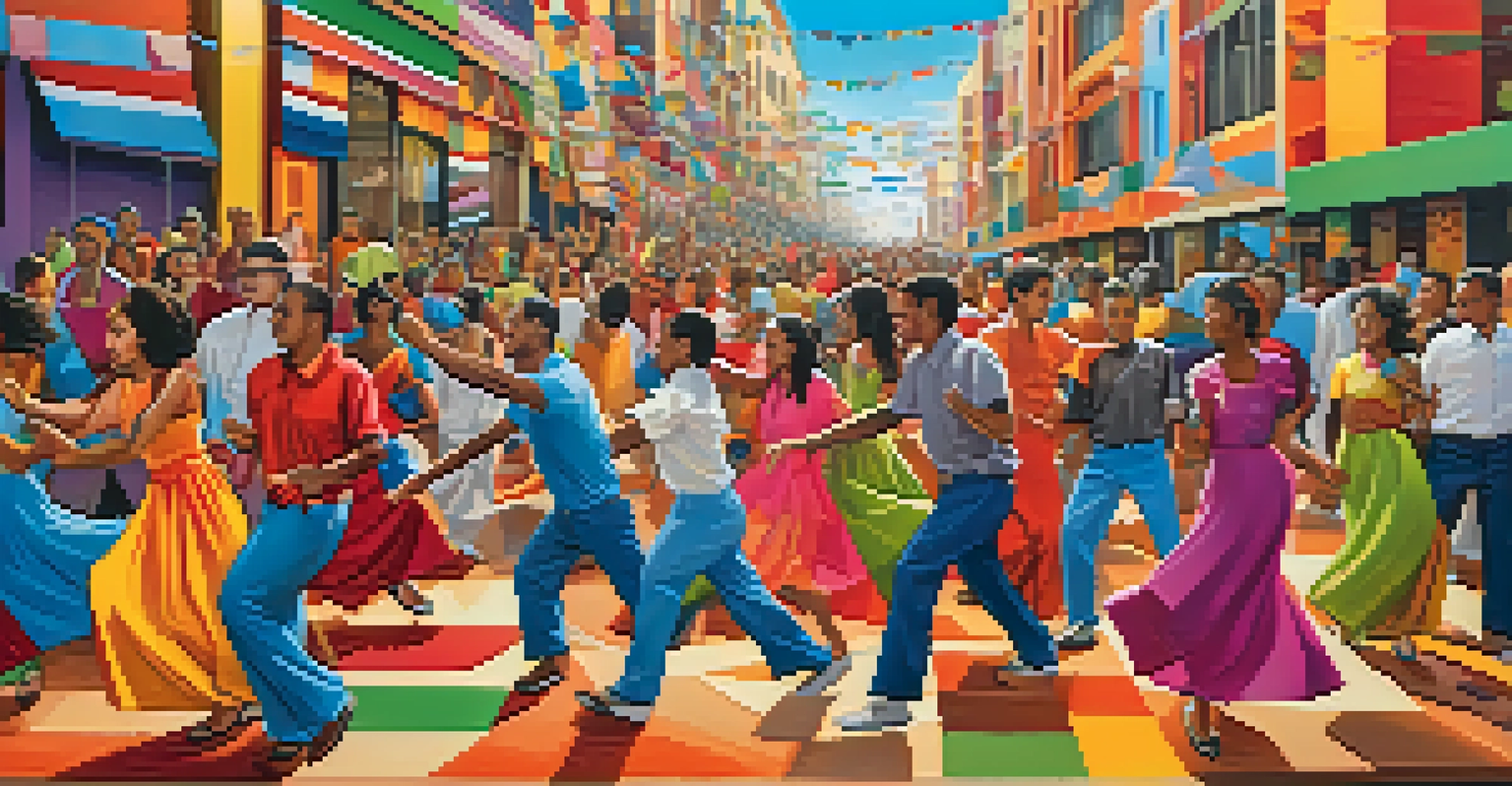 A colorful mural of diverse individuals celebrating together amidst bright geometric patterns.