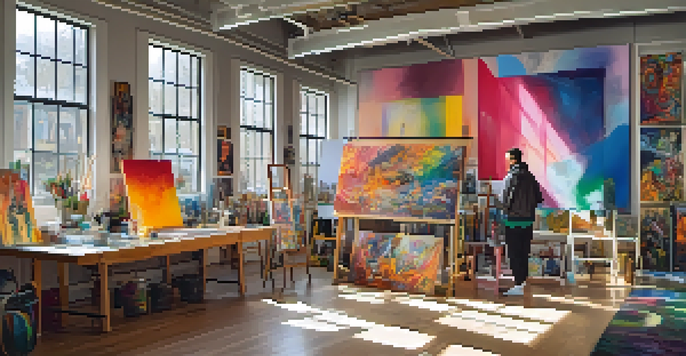 An art studio displaying diverse artworks from various artists, with sunlight illuminating the space and portraits of artists on the walls.