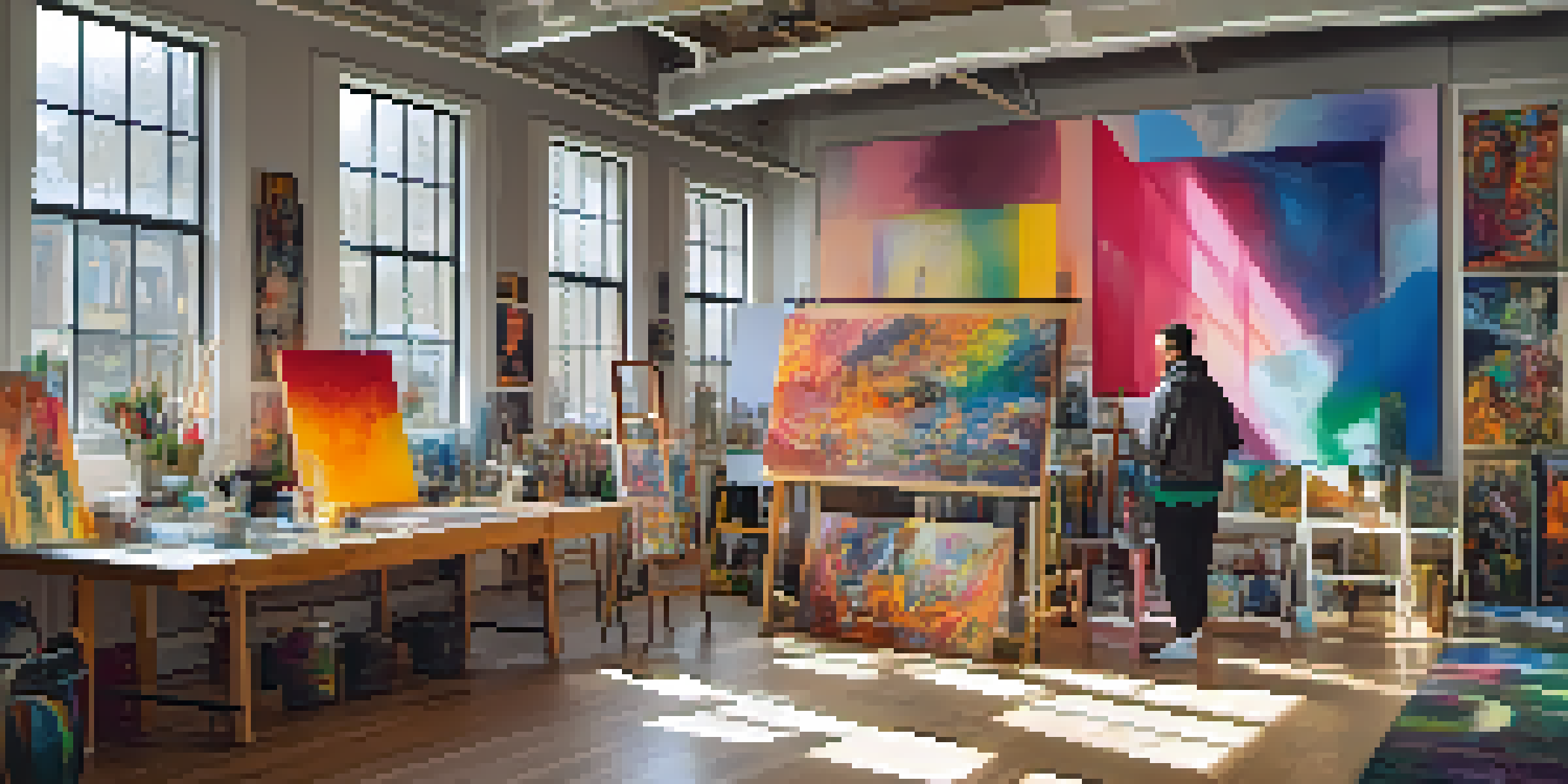 An art studio displaying diverse artworks from various artists, with sunlight illuminating the space and portraits of artists on the walls.