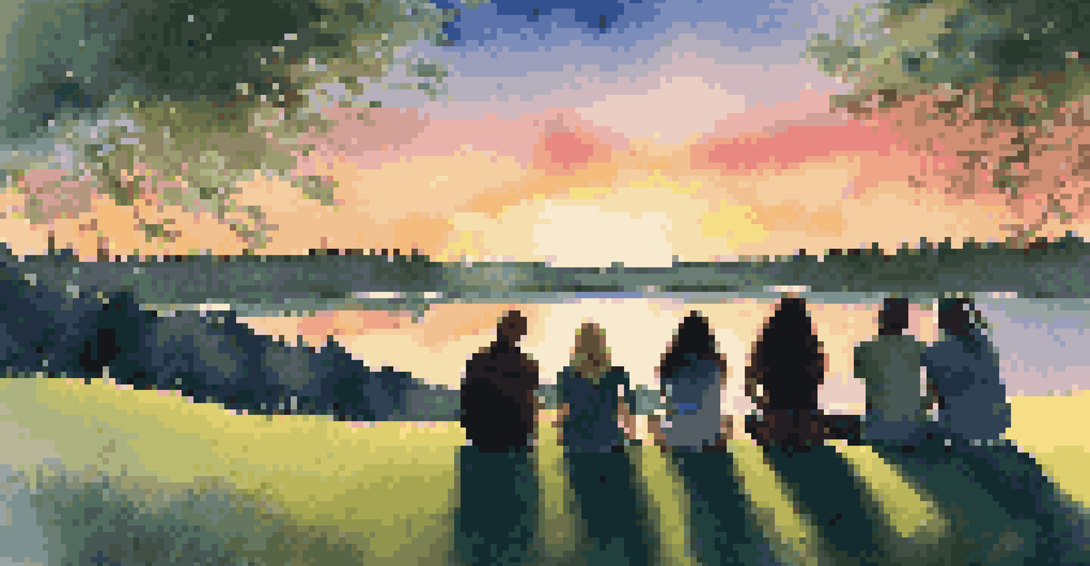 Friends sitting on a grassy hill at sunset during a festival, watching the colorful sky and enjoying live music, with illuminated festival grounds below.