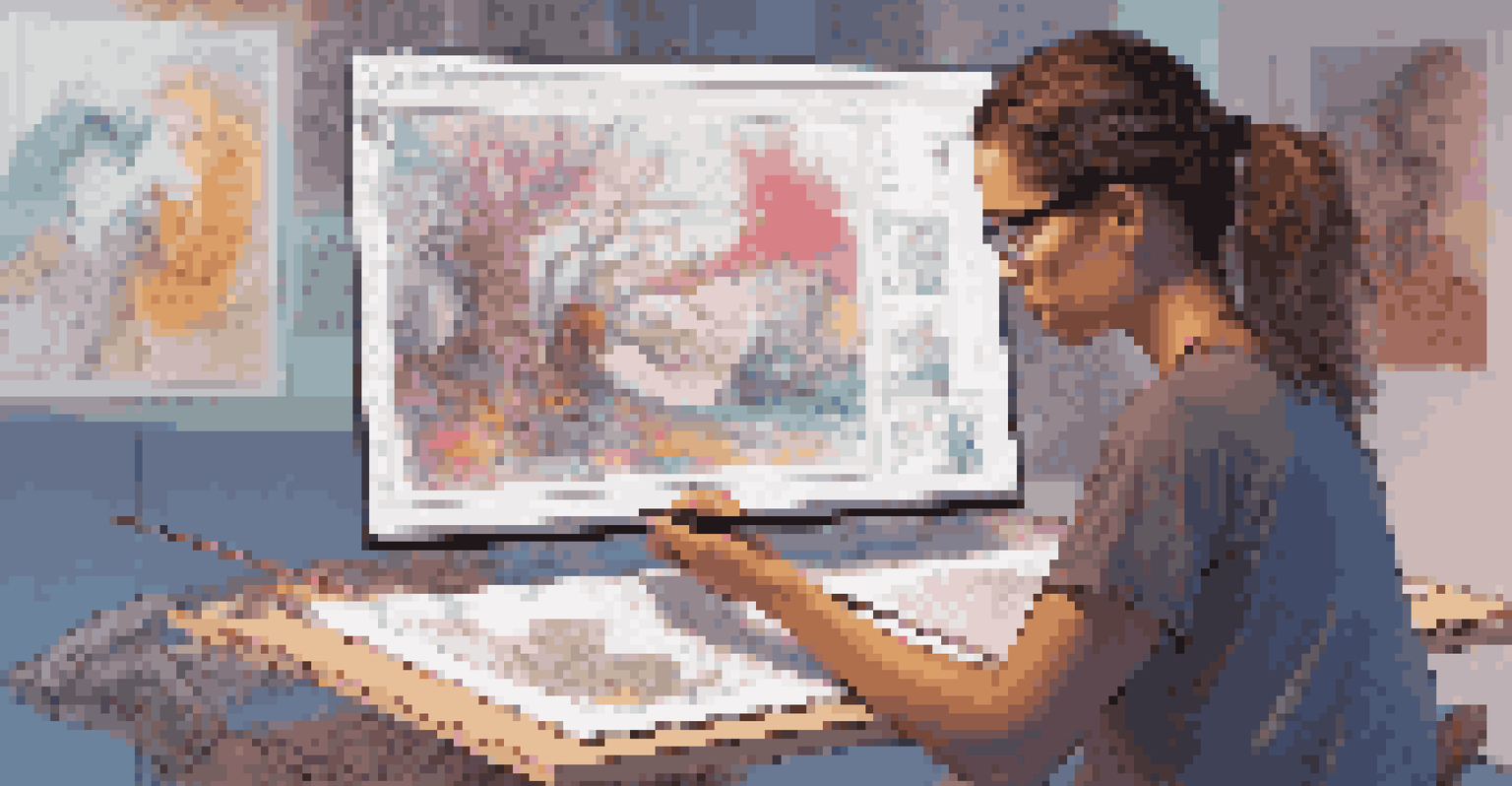 An artist working on a drawing tablet, creating a digital painting with colorful sketches around.
