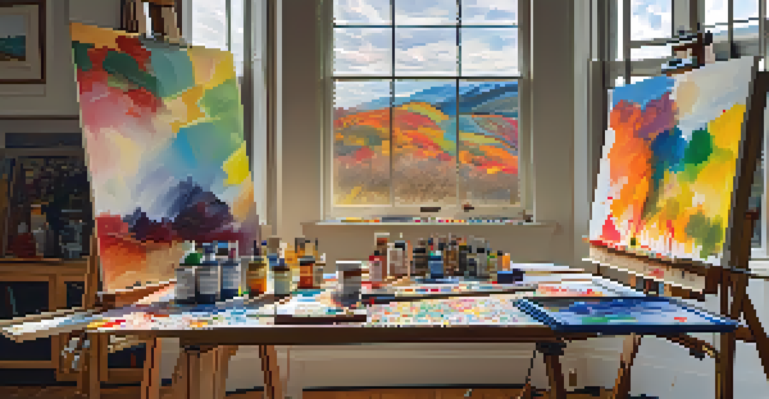 An artist's studio with canvases and paint supplies, featuring a half-finished abstract landscape painting.